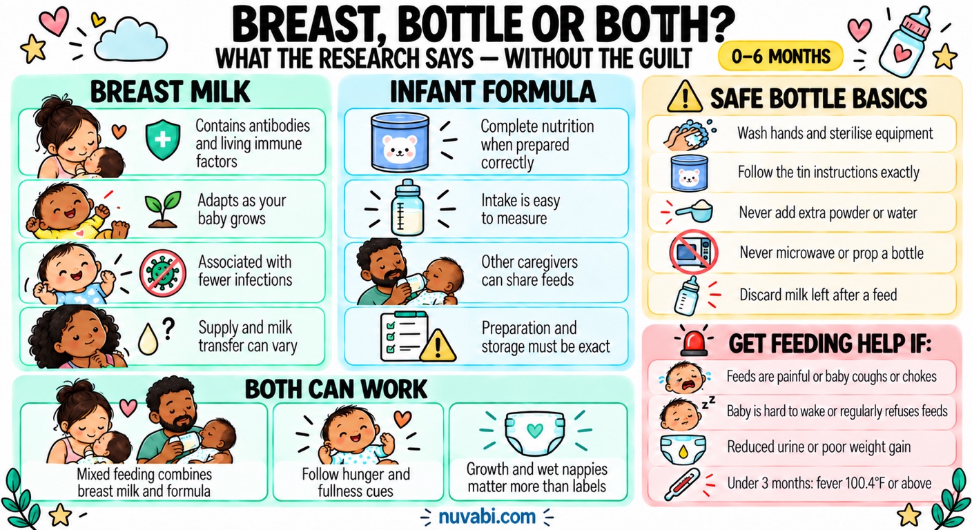 Breast milk, infant formula, and mixed feeding comparison with bottle safety and feeding warning signs